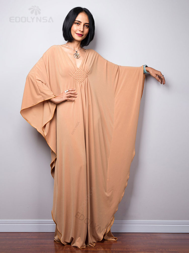 Solid V-neck Batwing Sleeve Plus Size Loose Maxi Dress