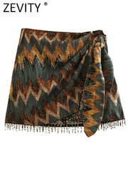 Vintage Geometric Print Knotted Mini Sarong Skirt Mujer Female Beading Tassel