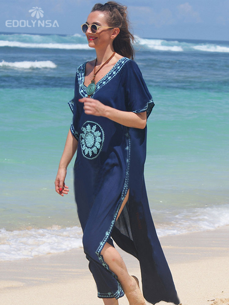 Embroidery Cotton Beach Kaftan Cover up Saida de Praia Swimsuit