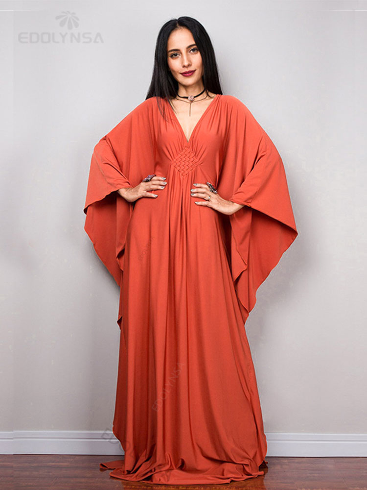 Solid V-neck Batwing Sleeve Plus Size Loose Maxi Dress