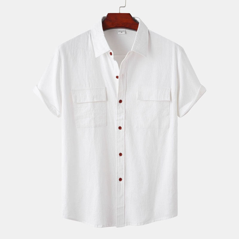 Double Pocket Linen Shirt Men Short Sleeve Button Down Shirts