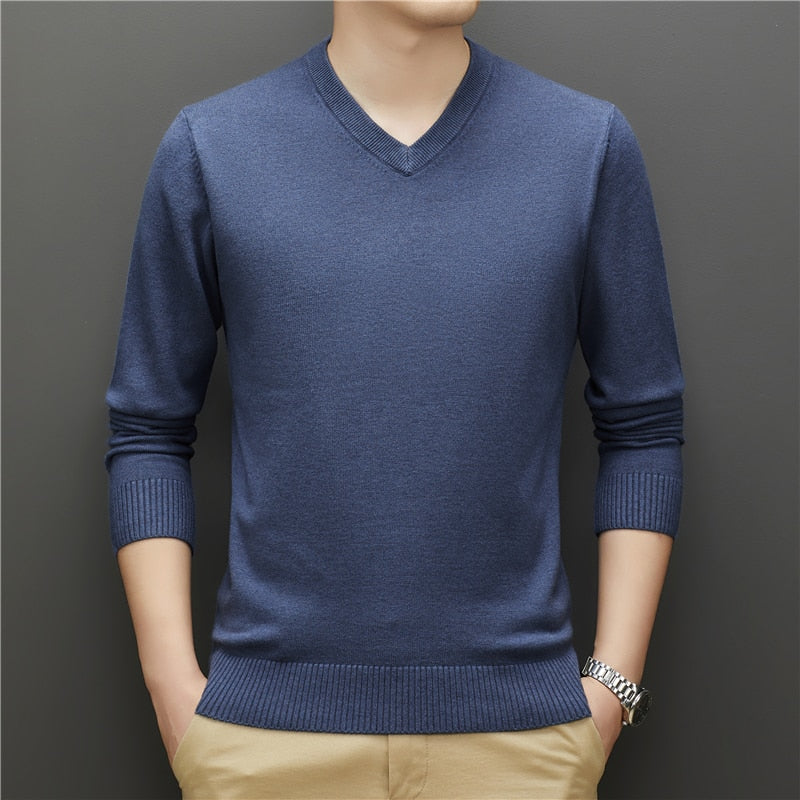 Men V-neck Thick Sweater Business Warm Knit Pullover Classic