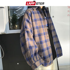 Men Color Block Plaid Shirt Streetwear Fleece Shirts Long Sleeve