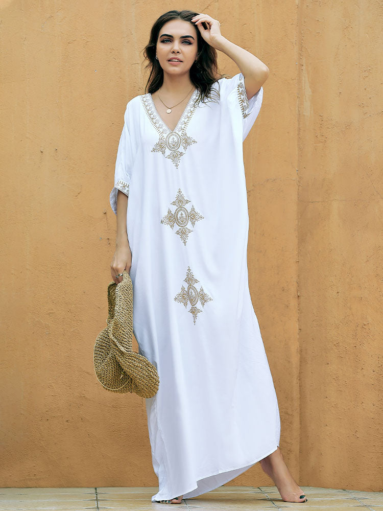 Elegant Gold Embroidered Kaftan Retro V-neck White Dress