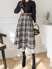 Warm Midi Long Skirt Women Style Irregular Plaid Mid-Length High Waist Skirt