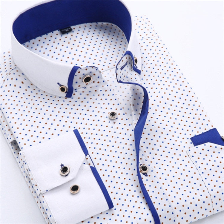 Men Shirt Long Sleeve Slim Fit Button Down Collar Printed Business Shirts