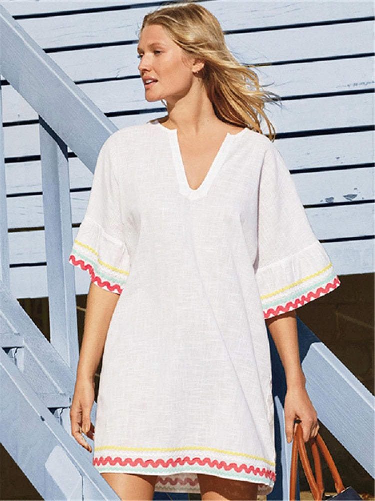 V-Neck Summer Beach Dress White Tunic Women Beachwear