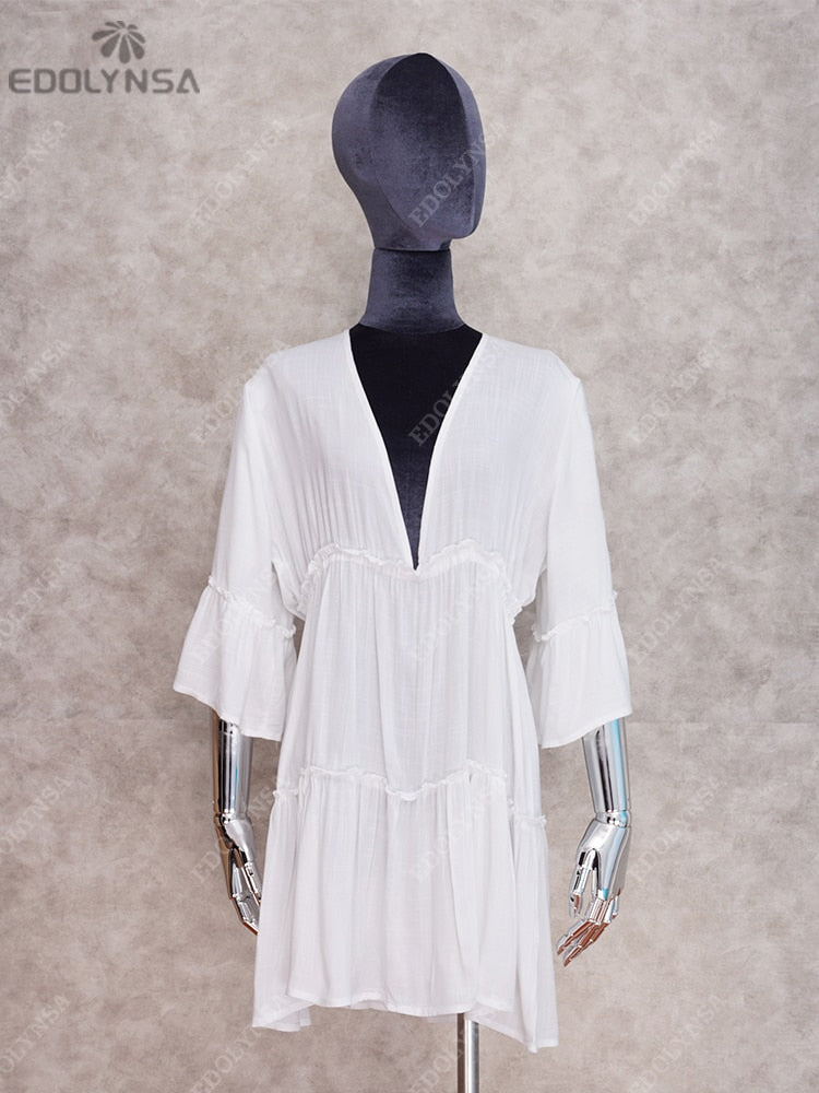 V-Neck Summer Beach Dress White Tunic Women Beachwear