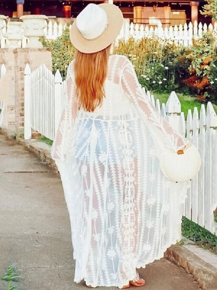 White Lace Tunic Bikini Cover-ups Sexy High Waist Belted Maxi Dress