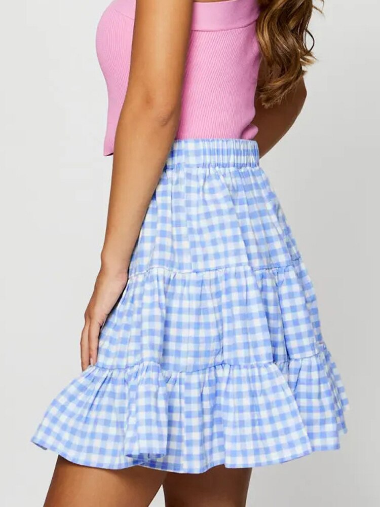 Women Plaid Print Pink Sweet Skirt High Waist Pleated