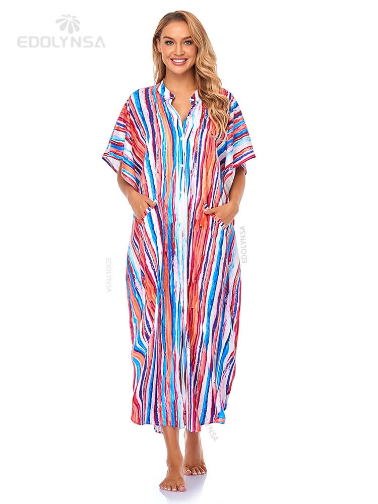 Casual Bikini Cover-ups Blue Tunic Sexy Striped Front Open