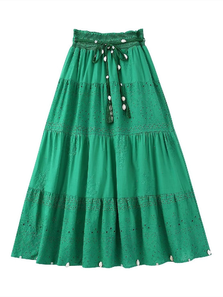 BOHO Green Embroidery Hollow Out Hole Flower Midi Long Skirt