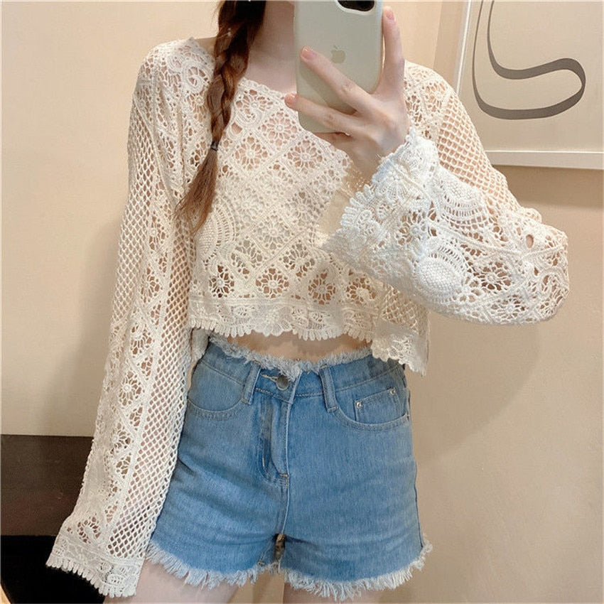 Boho Hollow Out Crochet Crop Top Pullover