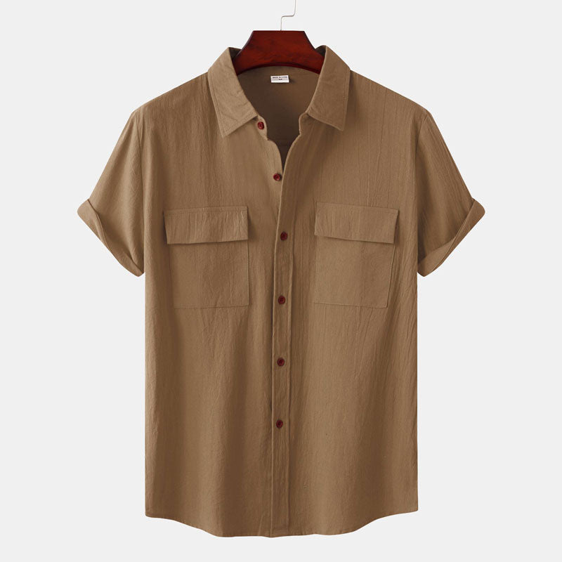 Double Pocket Linen Shirt Men Short Sleeve Button Down Shirts