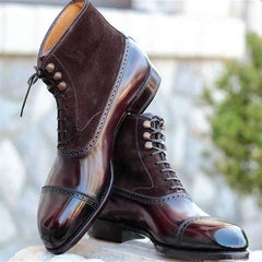 Men Short Boots Bullock Flock Lace-up Square Toe Handmade Business Shoes