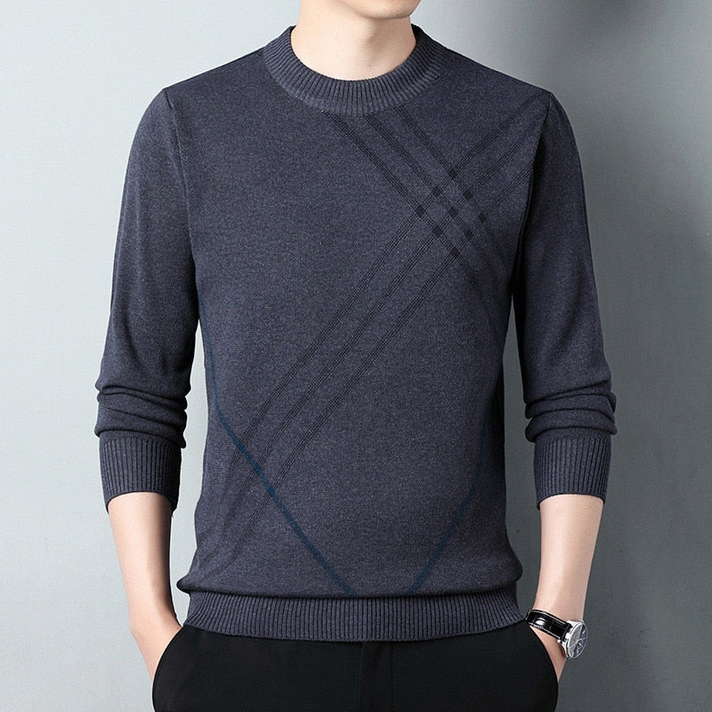 Men Sweater Thick Warm Striped Knitwear Round Neck Pullovers Clothing