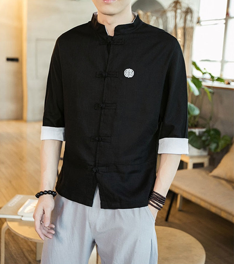 Chinese Style Mens Tops Tang Suit Linen Half Sleeve Solid