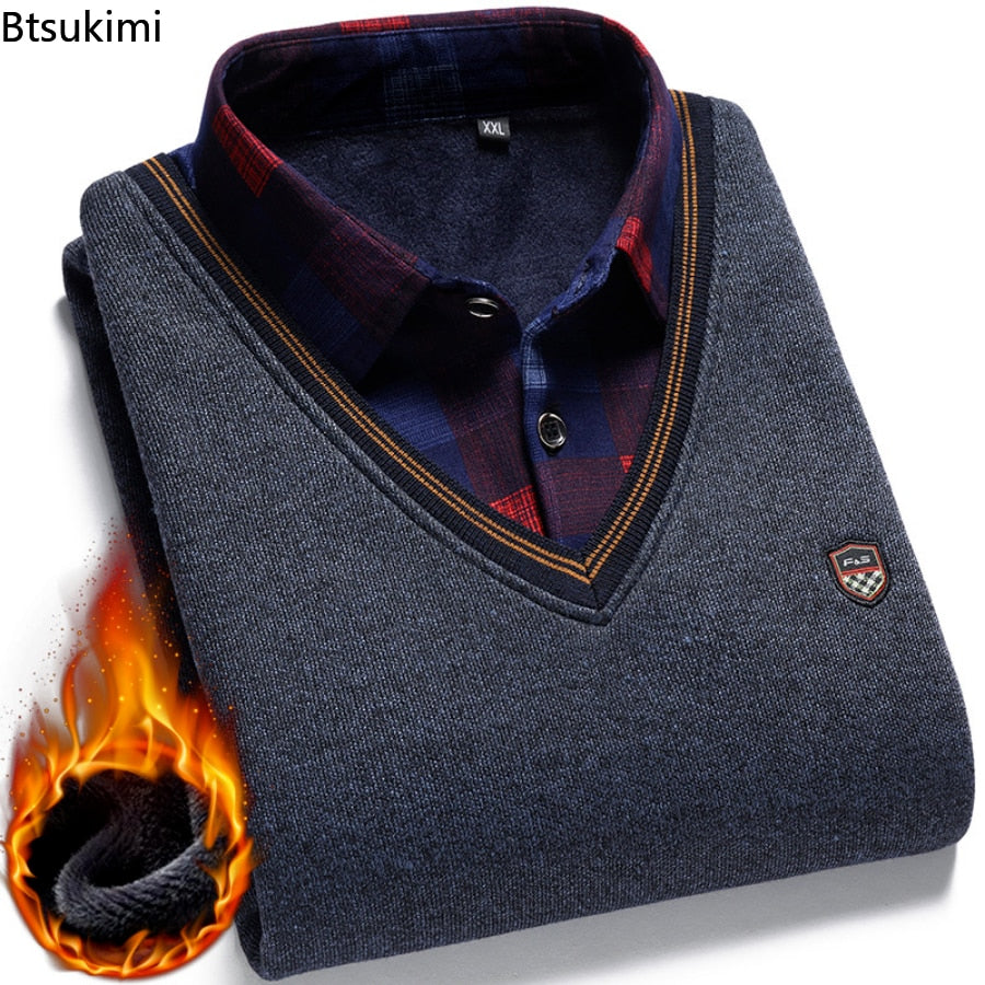 Men Wool Shirt-Neck Sweater Plaid Solid Thickened Warm Fleece