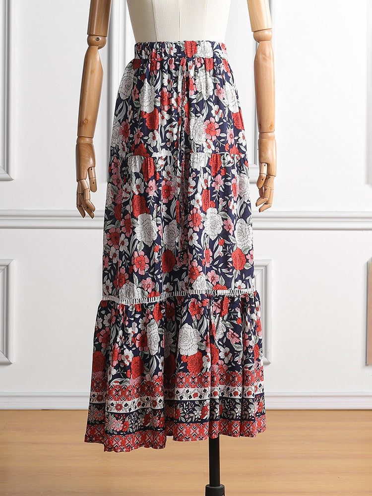 Boho Long Floral Printed Vintage Beach Holiday A Line Skirts