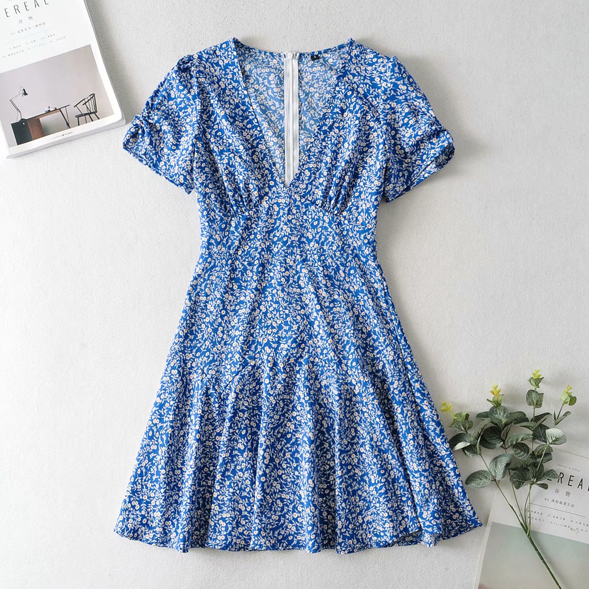 Blue Floral Print Beach Dress Short Sleeve Dress Boho