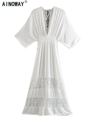 Vintage Chic White Lace Patchwork Beach Bohemian Maxi Dresses