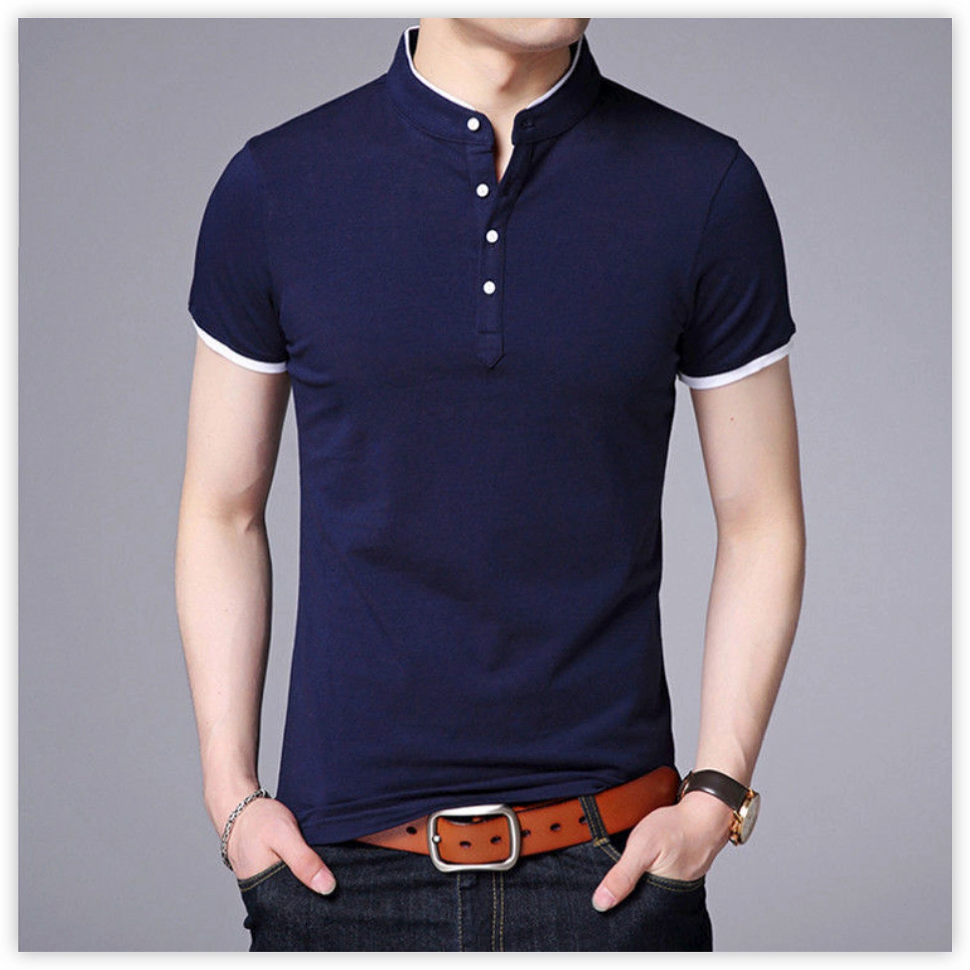 Men’s Pure Tshirts Collar Long Sleeve Comfy Shirt Single-breasted Soft