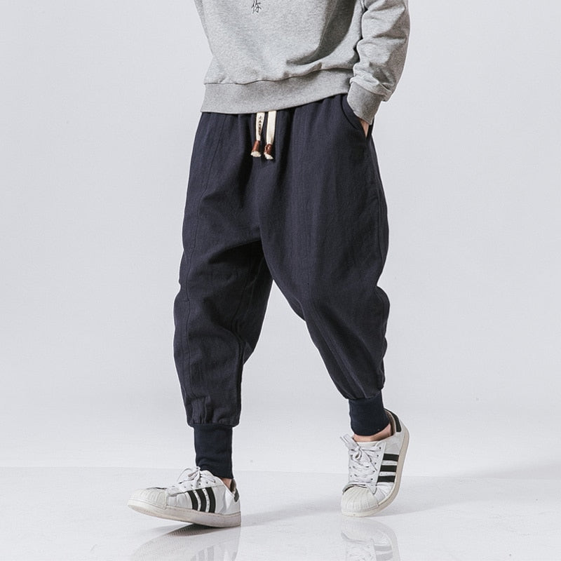 Men Linen Pants Streetwear Casual Joggers Elastic Waist Trouser