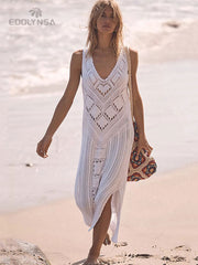 Sleeveless Bikini Cover-ups White Crochet Tunic Knitted