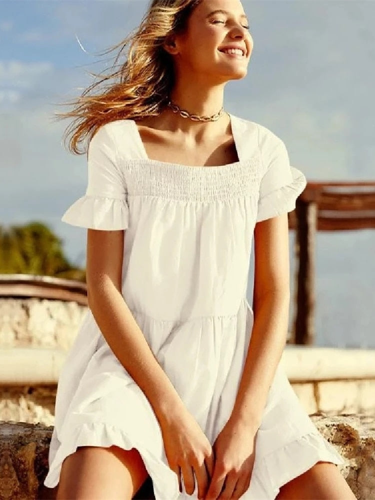 V-Neck Summer Beach Dress White Tunic Women Beachwear