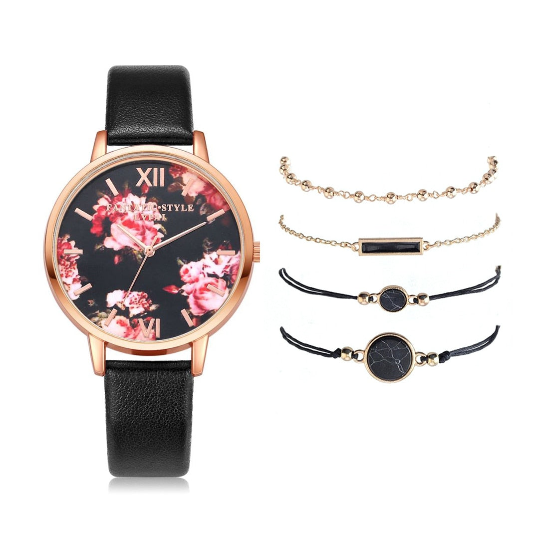 Watch Set Women 5pcs Woman Quartz Wristwatch Leather Ladies Bracelet