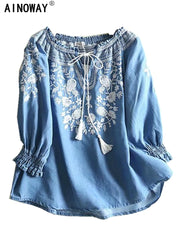 Vintage Chic Floral Embroidery Bohemian Denim Cotton Blouse