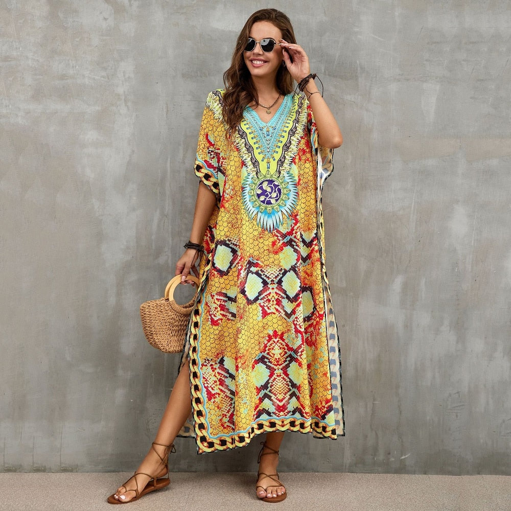 Bohemian Printed Loose Kaftan Casual Summer Vacation Maxi Dress