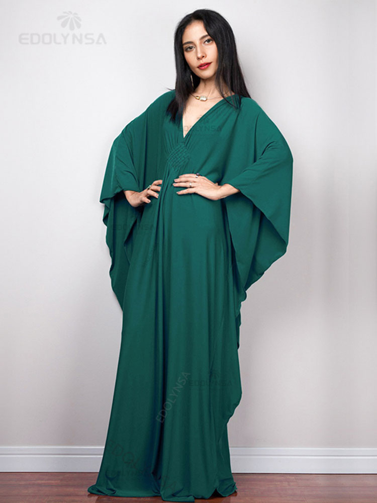 Solid V-neck Batwing Sleeve Plus Size Loose Maxi Dress