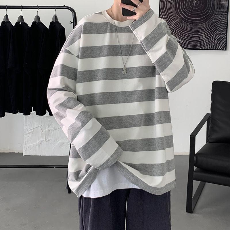 Striped T shirts Men Tees Casual Long Sleeve Tshirt Loose Pullovers Tops