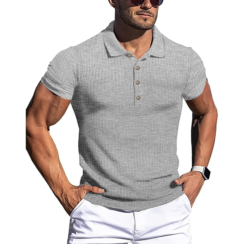 Turn-Down Collar Men Button T-shirt Short Sleeved Stripe Fitness Yoga Top