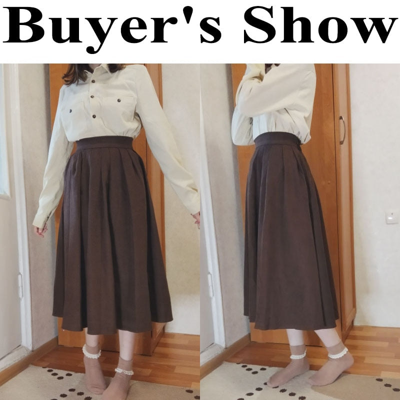 Fashion High Waist Pleated Skirt Women Elegant Style Midi Skirt