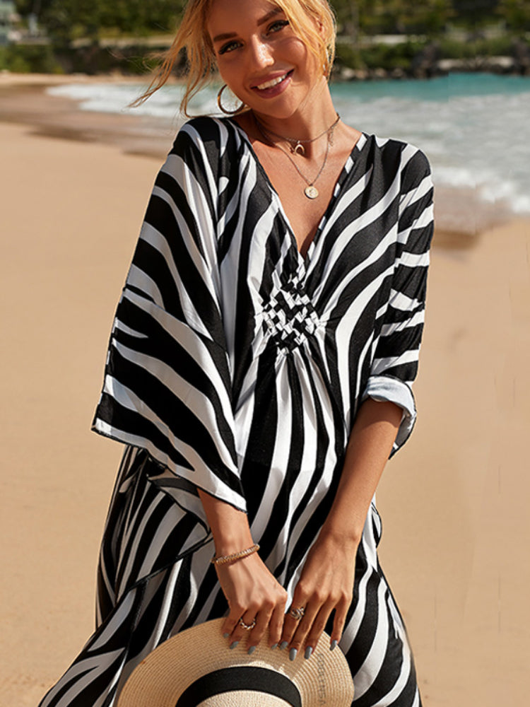 Zebra Striped Bikini Cover-ups Casual V-neck Side Split