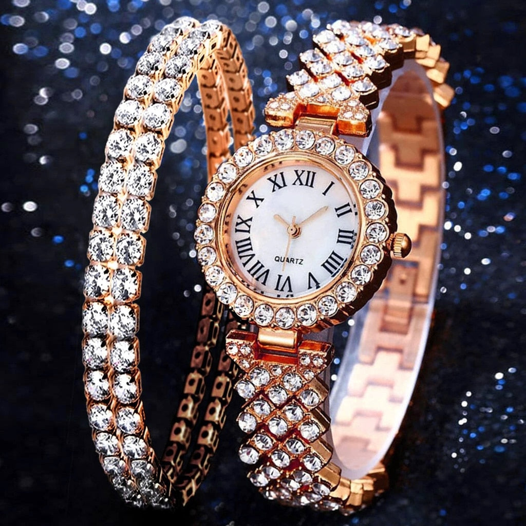 Rose Gold Watch Fashion Ladies Quartz Diamond Wristwatch Elegant