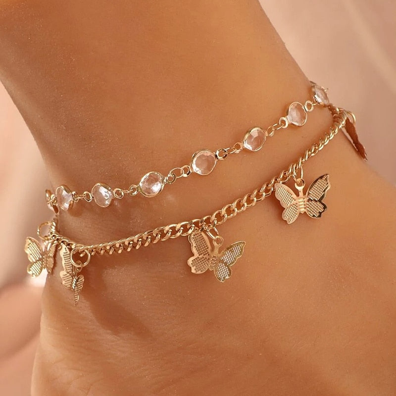 Boho Anklet Foot Chain Summer Bracelet Tassel Star Crystal