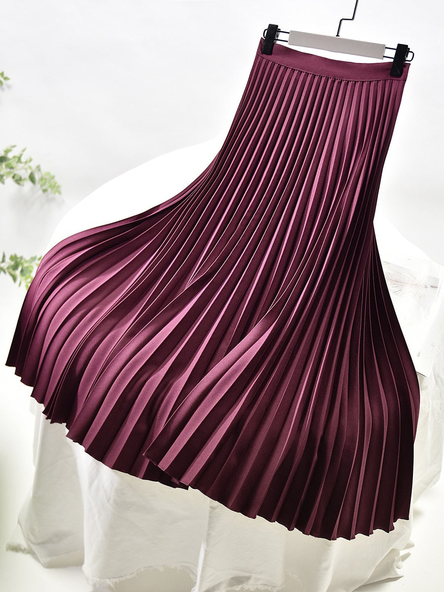 Elegant Chic Solid Pleated Skirt High Waist Luxury Fashion