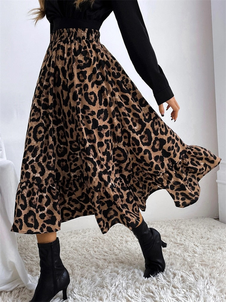 High Waist Leopard Midi Skirt For Women Casual Boho Printed Long Tulle Skirt