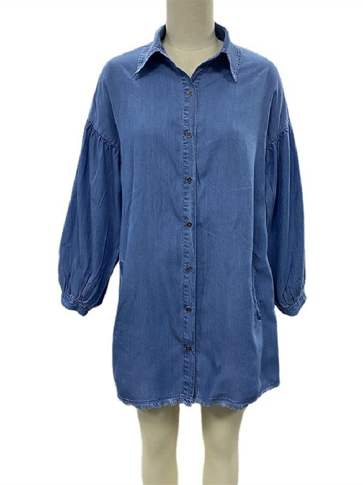 Light Blue Denim Shirt Dress Sexy Button Long Sleeve Mini Dresses