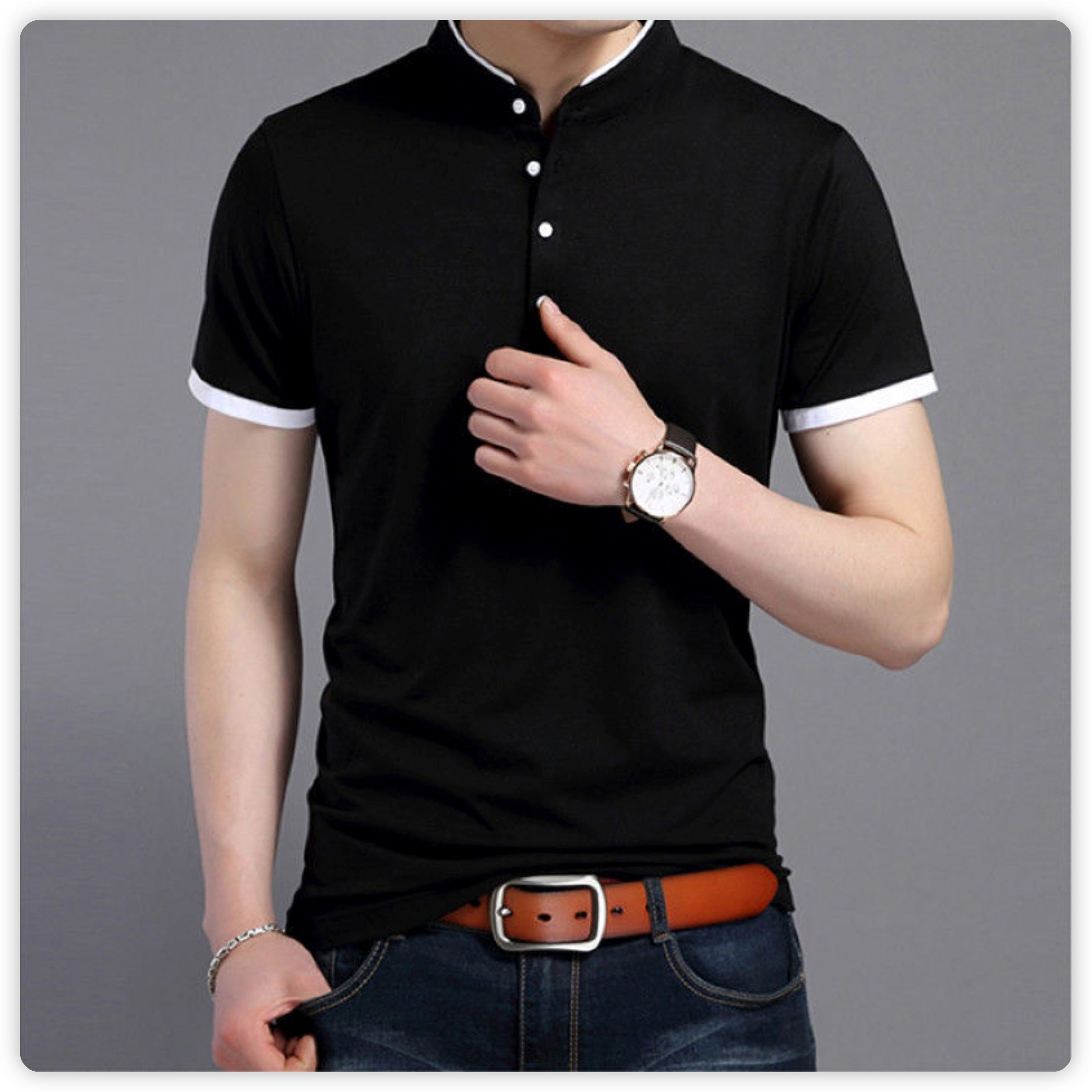 Men’s Pure Tshirts Collar Long Sleeve Comfy Shirt Single-breasted Soft