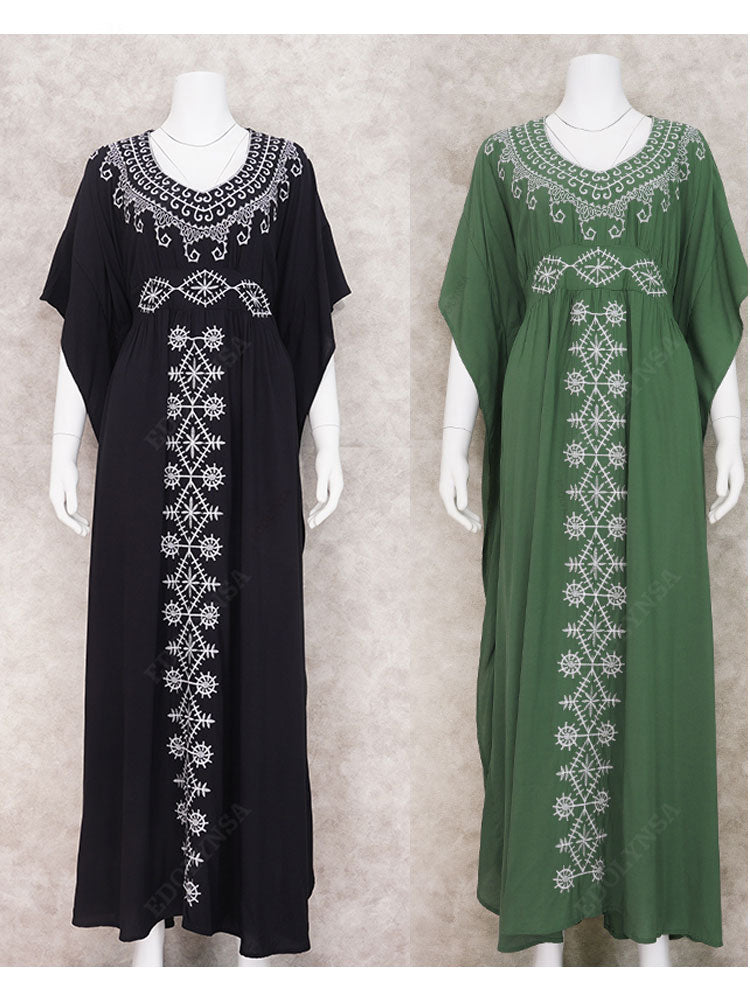 Black Vintage Embroidered Maxi Dress Elegant Long Kaftan