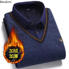 Men Wool Shirt-Neck Sweater Plaid Solid Thickened Warm Fleece