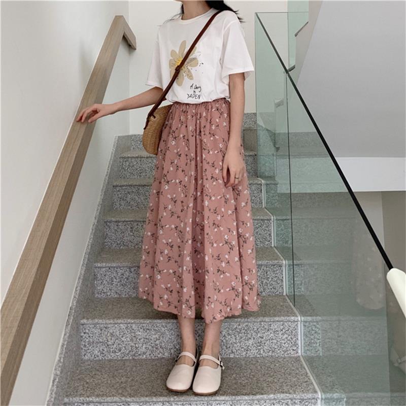 Vintage Floral Print A-line Pleated Long Skirts Summer