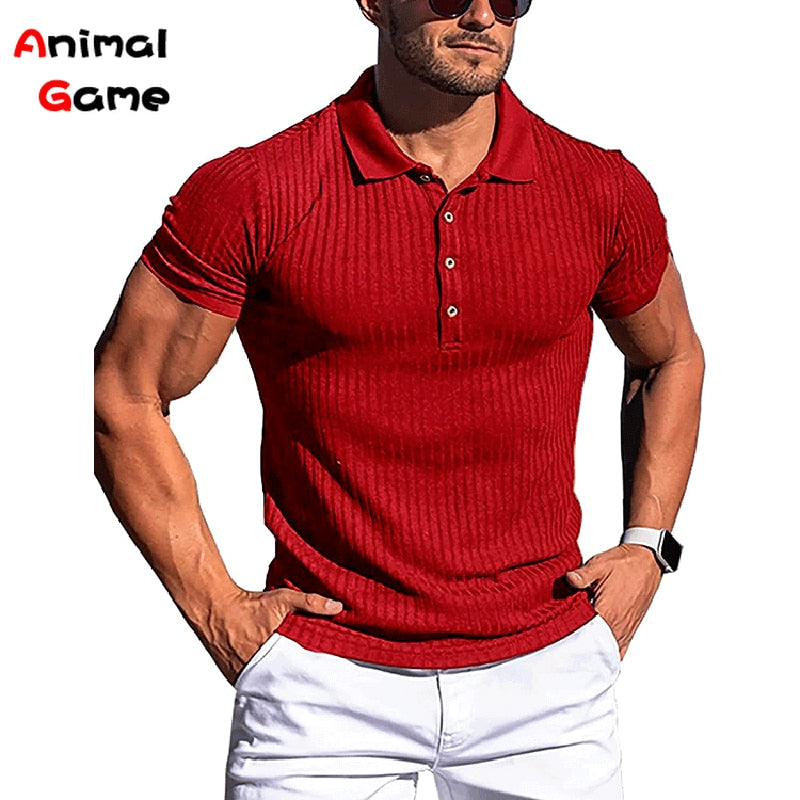 Turn-Down Collar Men Button T-shirt Short Sleeved Stripe Fitness Yoga Top