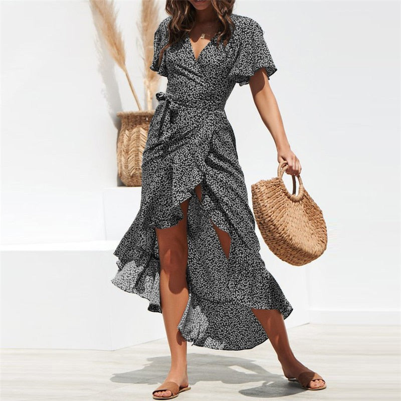 Red Dot Print Boho Long Chiffon Elegant Midi Women Dress