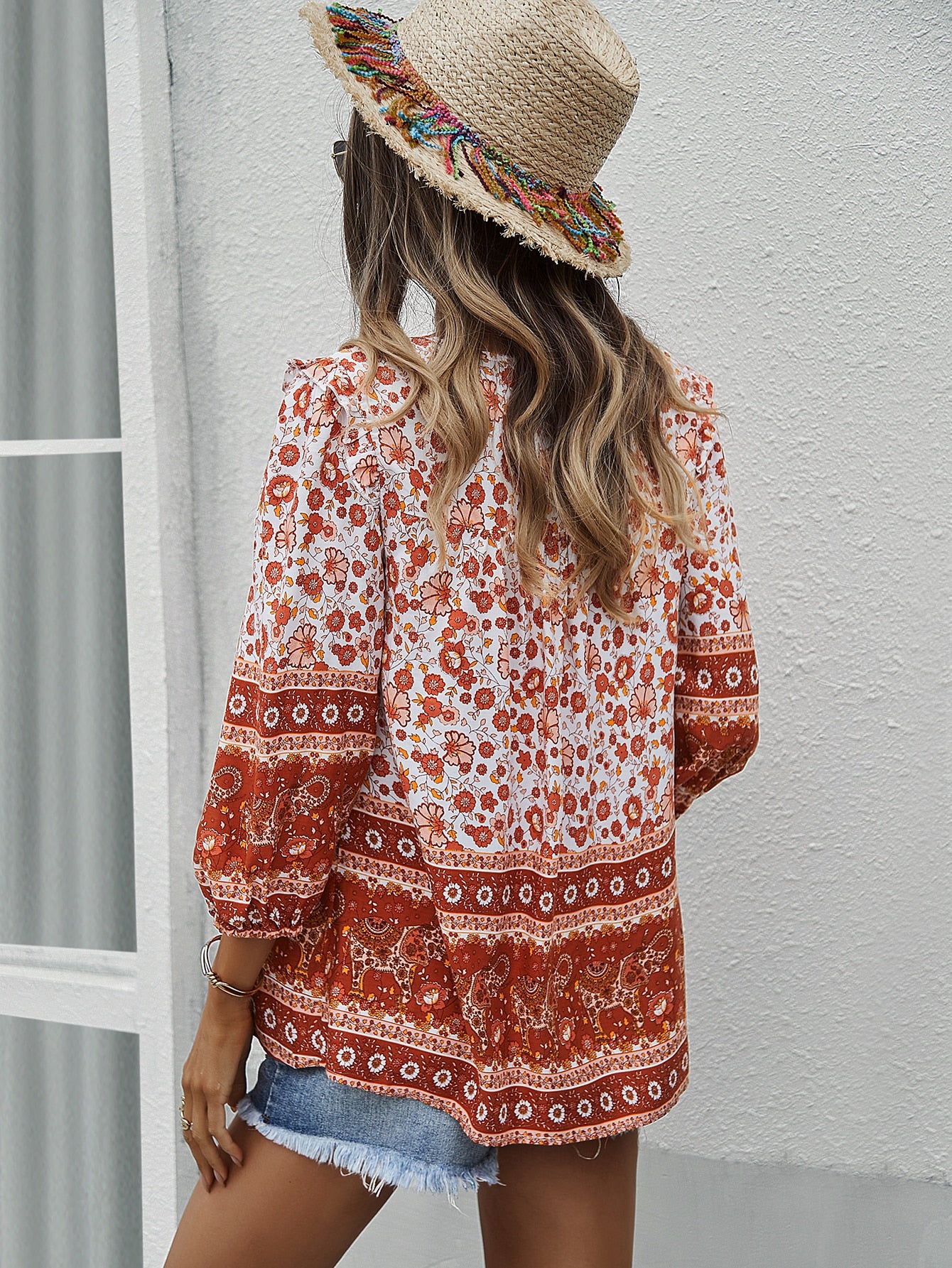 Casual Boho V Neck Top Loose Floral Printed Long Sleeve Beach Shirts Blouses