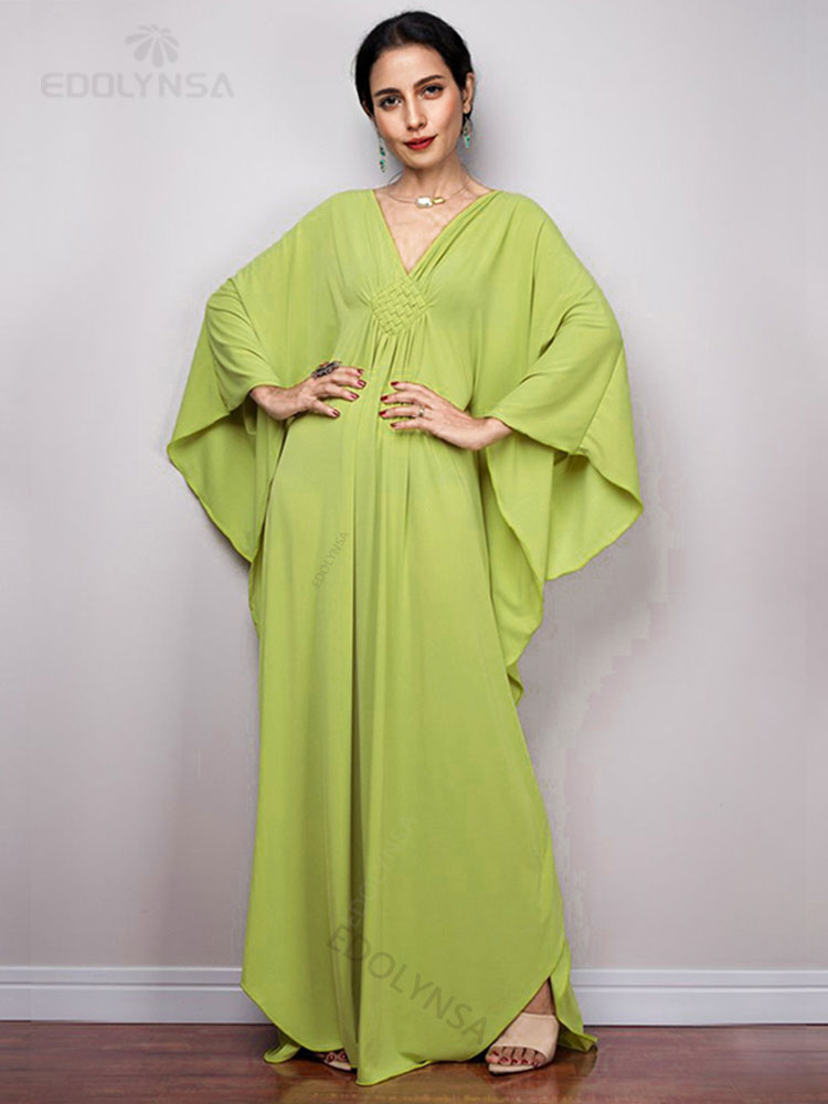 Solid V-neck Batwing Sleeve Plus Size Loose Maxi Dress